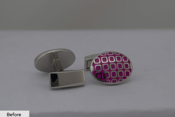 Pink Cufflinks With Pattern Before Image Retouching Front Angle