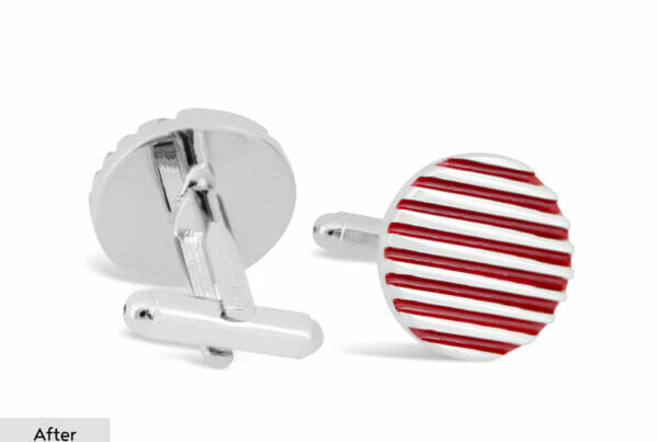 Red Cufflinks With Straight Line Pattern After Image Retouching