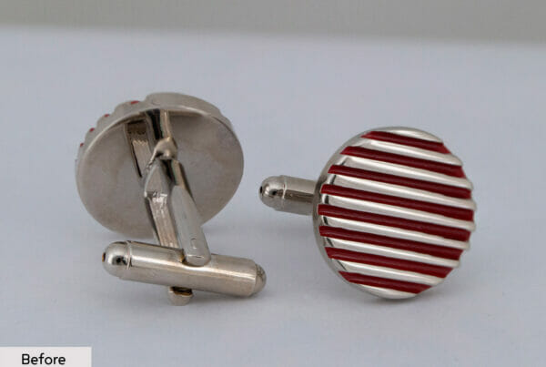 Red Cufflinks With Straight Line Pattern Before Image Retouching